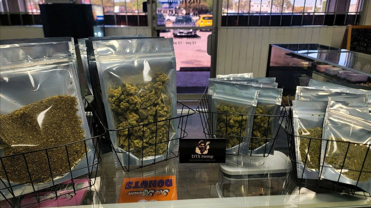 Flower deal bags on the counter at DTS Hemp